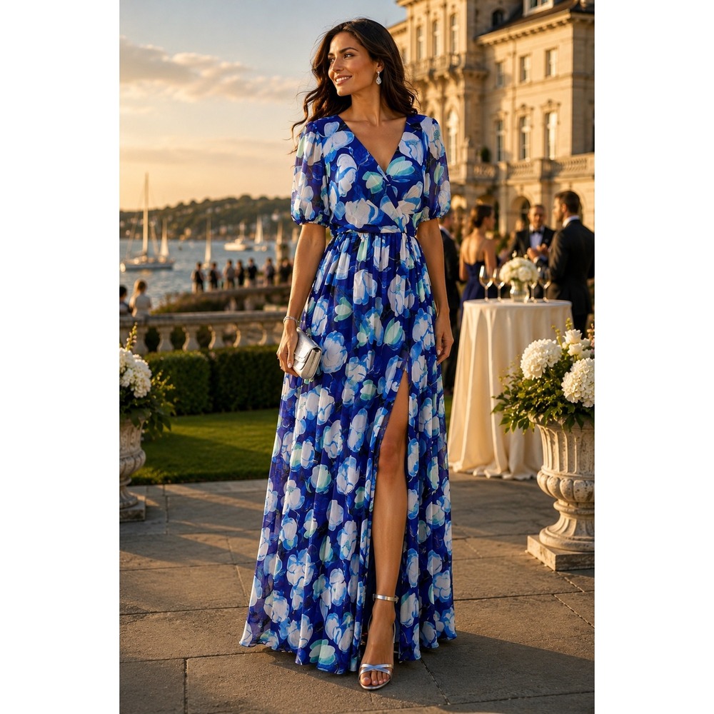 NWT Adrianna Papell Cobalt Blue‎ Floral Chiffon Faux Wrap Maxi Gown Dress Size 6